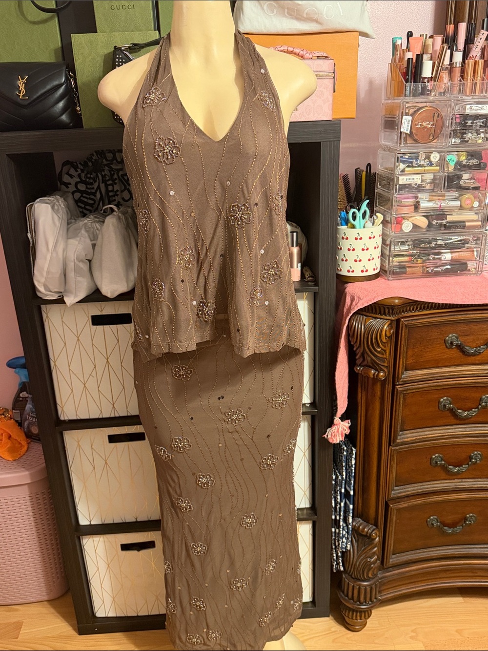 Primark Rita Ora Taupe Beaded Halter Top and Skirt Set